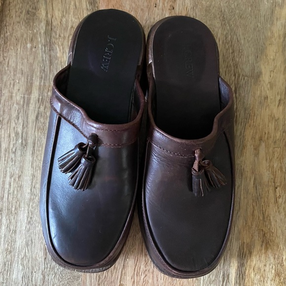 Vintage J. Crew Platform Leather Tassel Clogs Brown - Picture 4 of 7